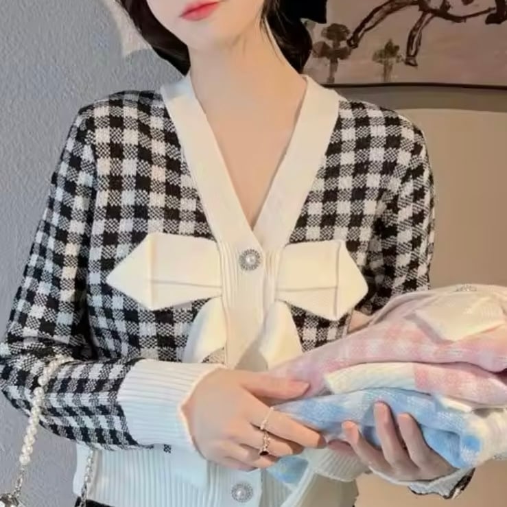 ブロックチェックリボンカーディガン