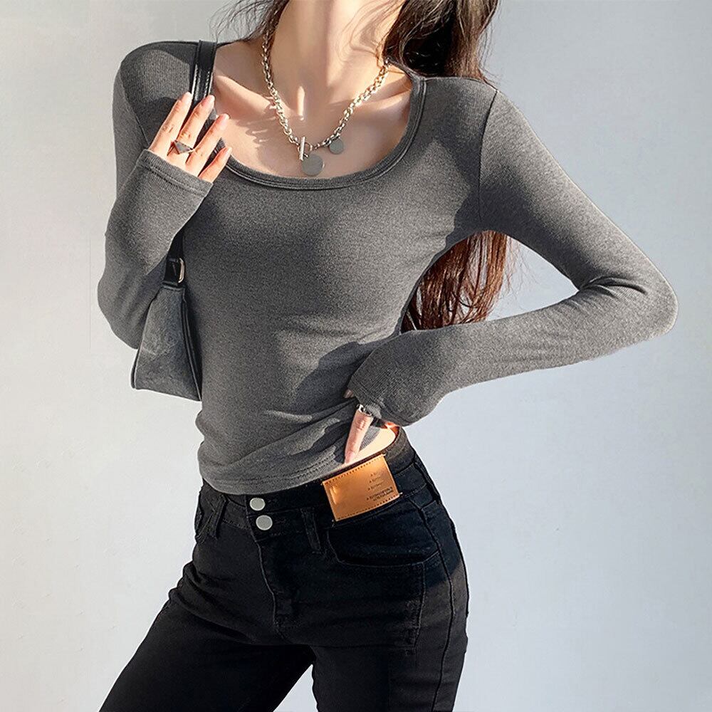 長袖 Tシャツ レディース 春秋冬 韓国 ショート丈 Uネック 裏微起毛 トップス シンプル 大人 カジュアル インナー ストレッチ 大人可愛い 大人女子