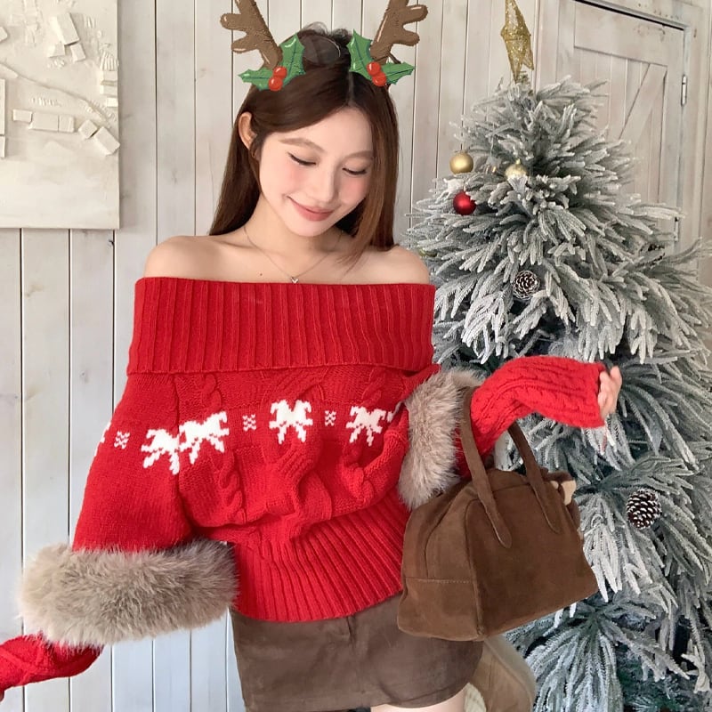 【tops】アームカバー付き袖ファー2wayニットトップス Q7612