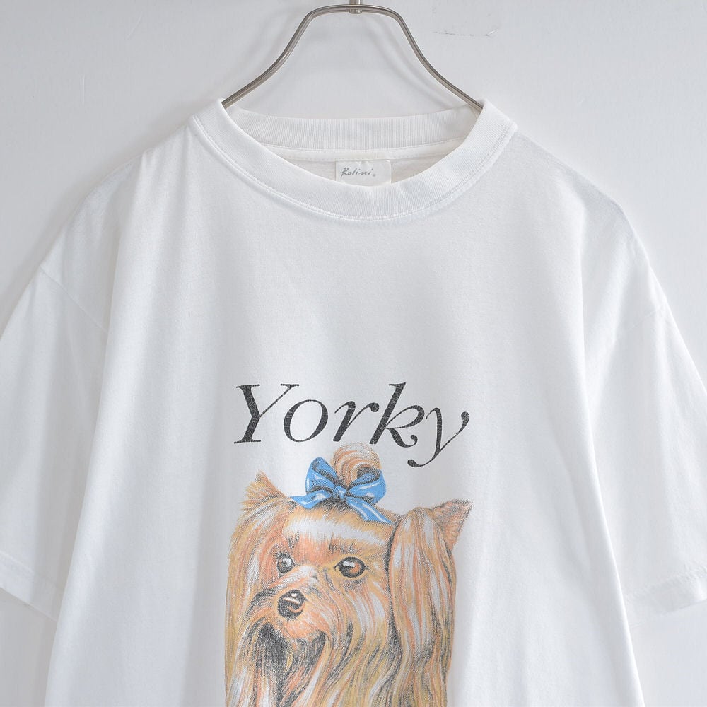 90s~ Rolini YORKY ヨークシャテリア DOG アニマル プリント Tシャツ ヴィンテージ 半袖 ワンちゃん 犬 ビンテージ ヨーロッパ古着 メンズ M~相当