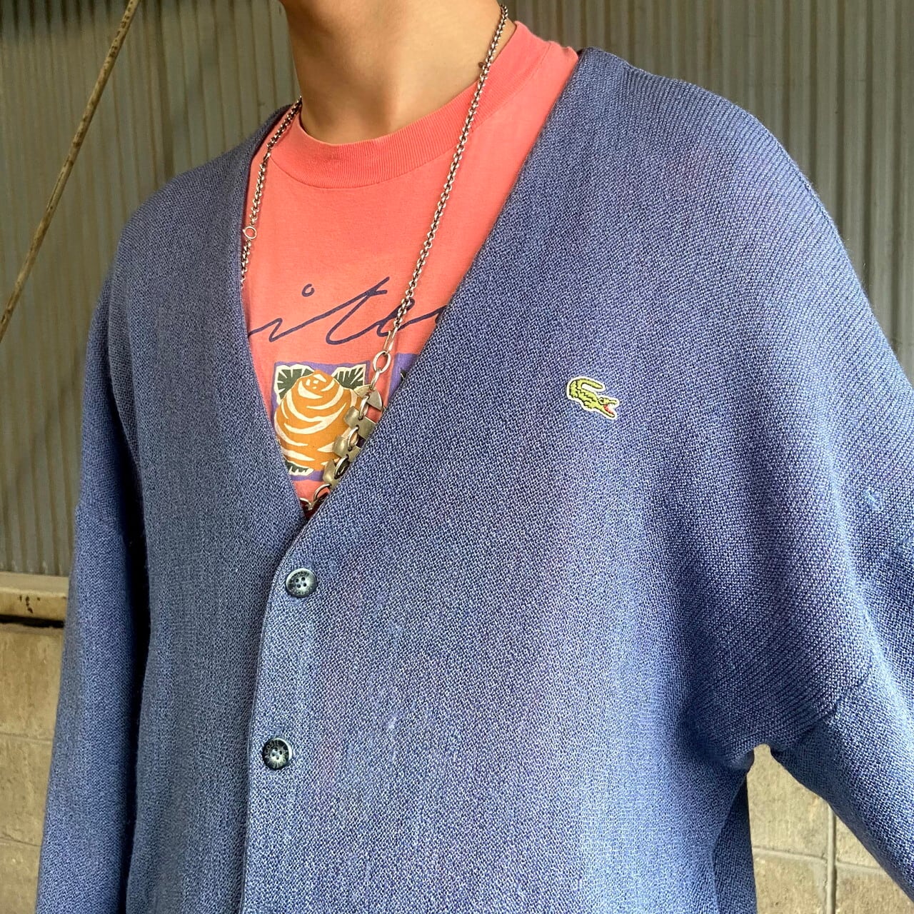 ■ラコステ　ウールセーター　ブルーオレンジ　ストライプ　メンズ　L