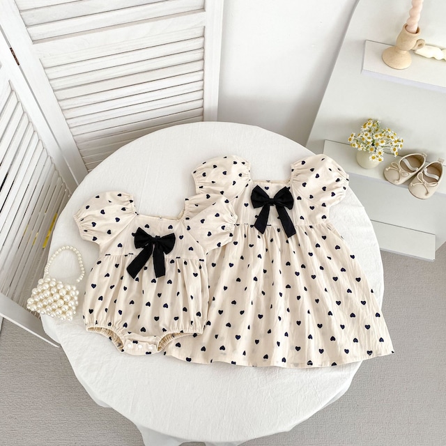 【姉妹服】夏新作　蝶結びハートロンパース/ワンピース