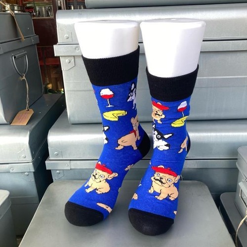 TOPANGA SOCKS Men's　パリっ子フレブルソックス　ブルー　靴下　フレンチブル ドッグ　フランス　クルーソックス