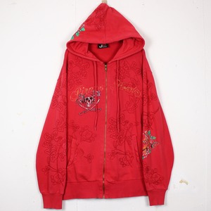 【Caka act2】Skull × Embroidery Loose Zip Up Hoodie