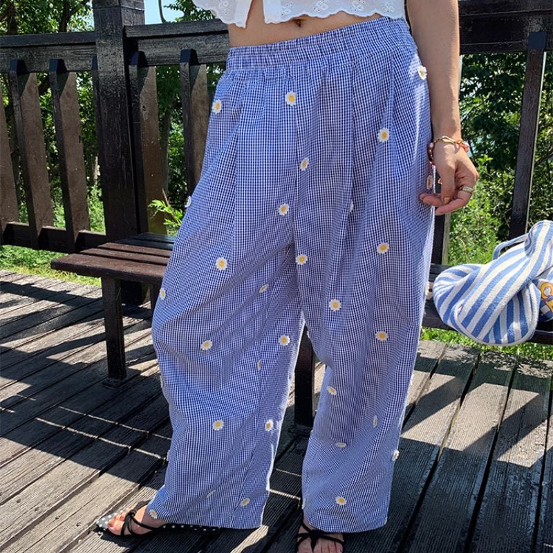 Gingham check embroidered wide pants 00464