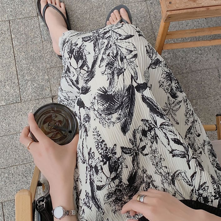 retro flower pleated skirt