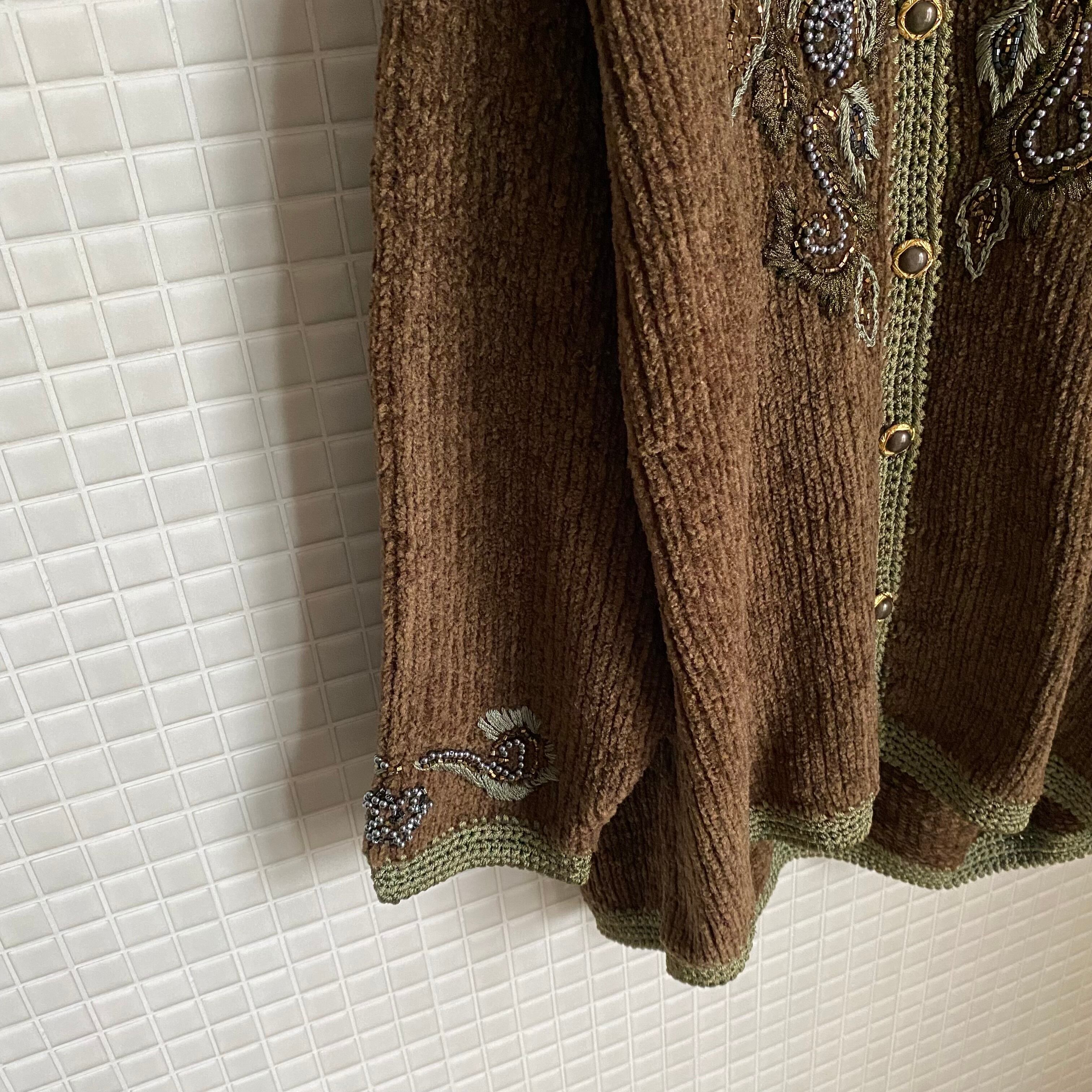 Vintage s〜s retro botanical beads embroidery knit cardigan