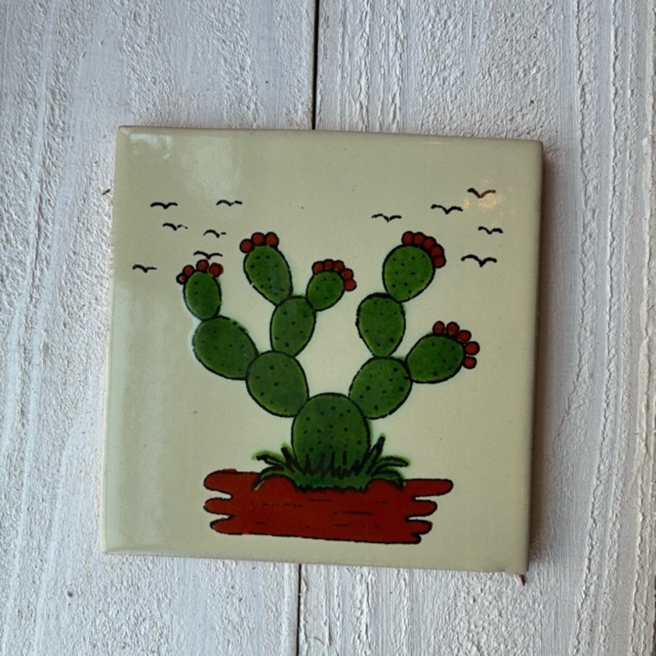 Mexico Talavera tile　メキシコタラベラタイル　W　サボテン　グリーン　ホワイト　10cm　コースター　鍋敷き　DIY　モザイクタイル　柄タイル　室内壁　室外壁　デザインタイル　レトロ　アートタイル　ハンドメイド