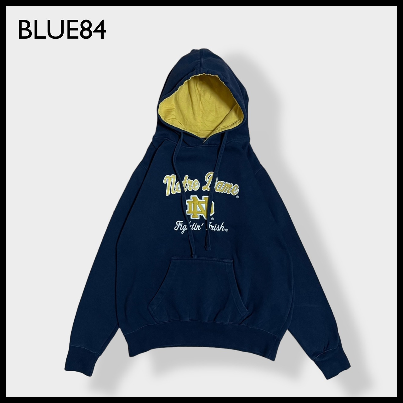 【BLUE84】カレッジロゴ ノートルダム大学 刺繍 ロゴ NOTRE DAME パーカー プルオーバー スウェット 切替 フーディー hoodie M ダークネイビー us古着