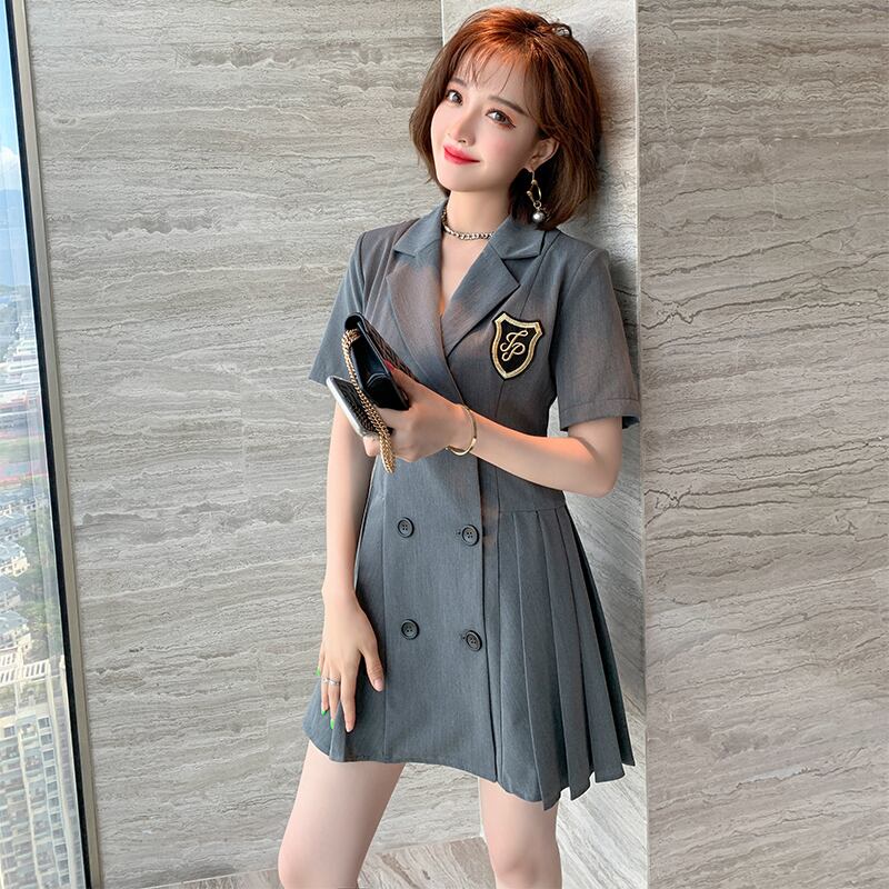 スタイルカラーダブルブレストウェストプリーツドレス サマー 夏物 ステッチ MIUCO7530856779