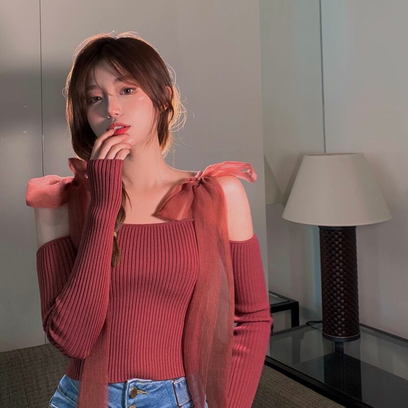 ニットセーター シャツ スプリングオータムストラップレスショートトップス ロング 春物 秋物 ブラックストロベリース21157305813