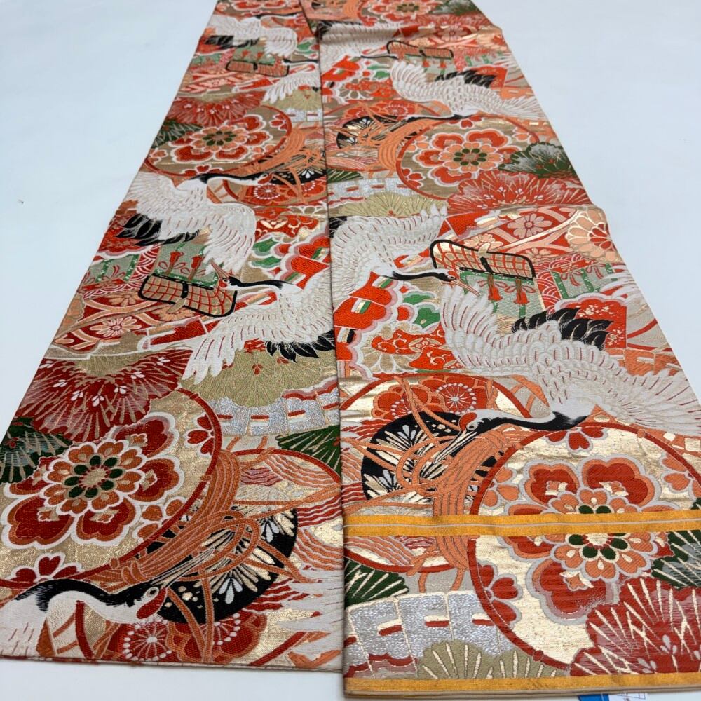 中古 丸帯 正絹 草花 全通柄 ゴールド Bランク 400cm 6262