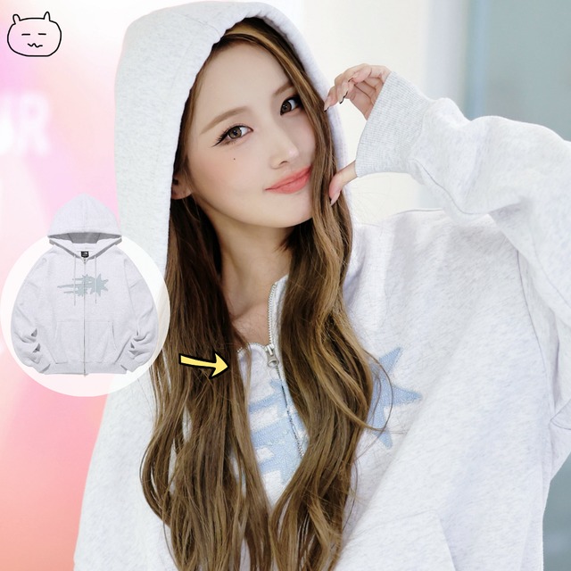 ★KISS OF LIFE ベル 着用！【niceghostclub】 3STAR APPLIQUE HOODIE ZIP UP_LIGHT GREY