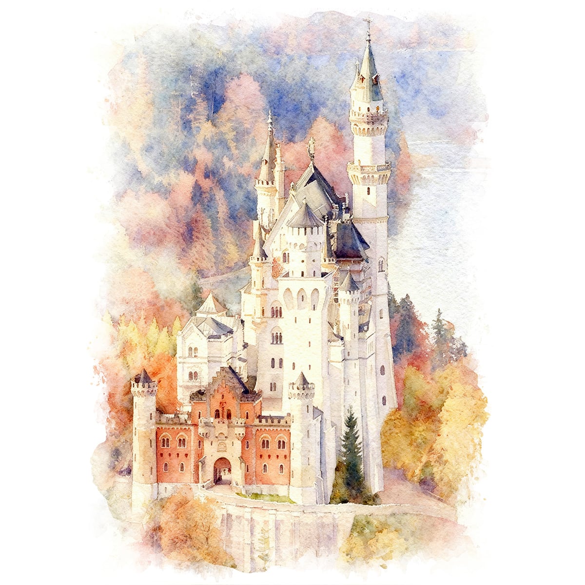 絵画(風景画) 秋 ドイツ 紅葉のノイシュヴァンシュタイン城 インテリアアート額付き 水彩画・油絵風 WAT0823