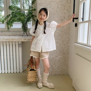 パフスリーブダブルブレストトップス（ホワイト／花柄）ADBB 2026夏｜80-130cm｜ブラウス｜シャツ｜襟付きトップス｜子供服｜韓国子供服｜女の子 ［取寄］