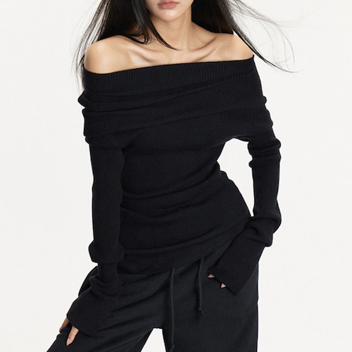 3カラー 3way ニット ブラック トップス オフショルダー オフショル リブ ワンショルダー プルオーバ ースリムフィット 長袖 レトロ 大人可愛い ガーリー a893058707632_bk