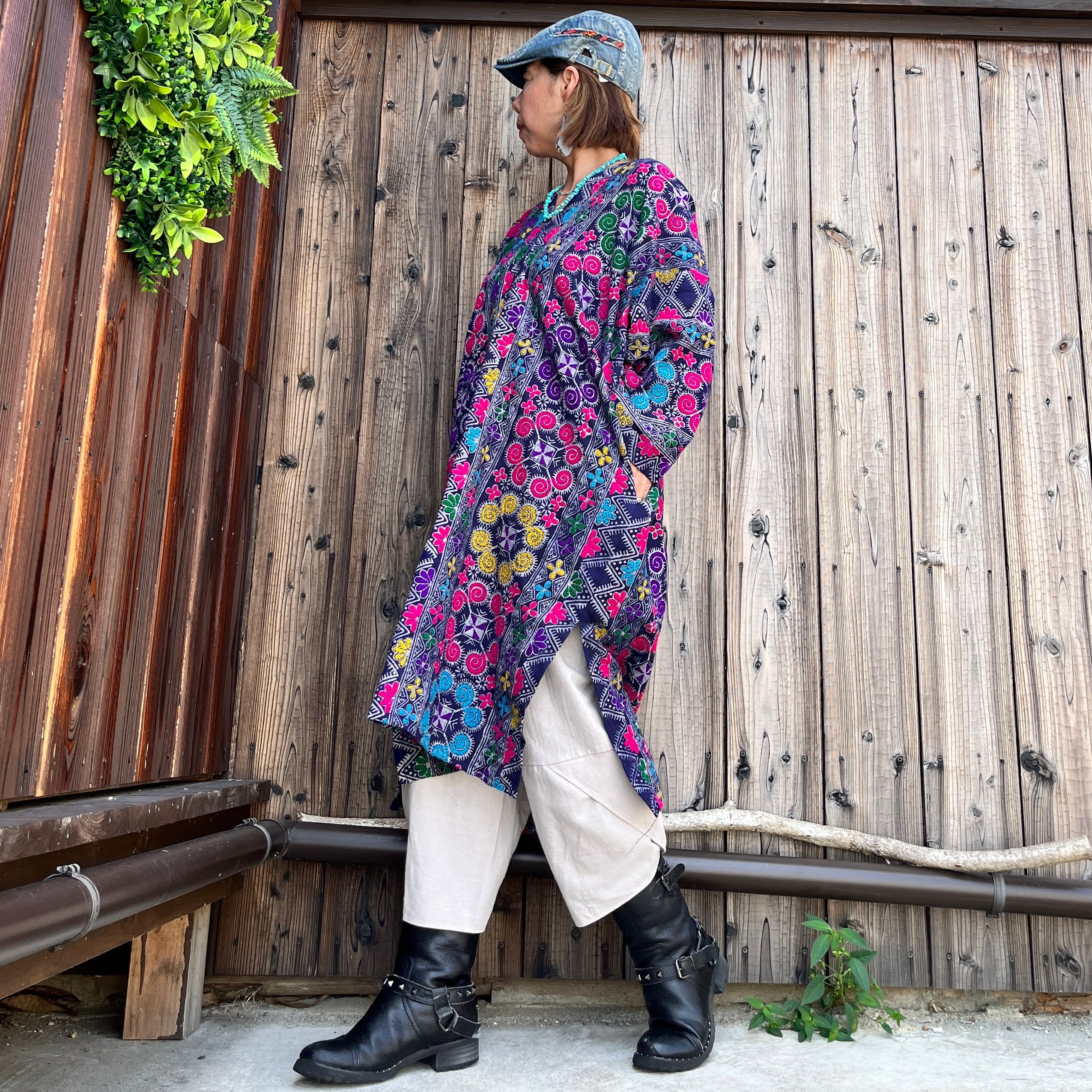 藍染め 型染め リメイク 古布 モン族 手作りパッチワークチュニック