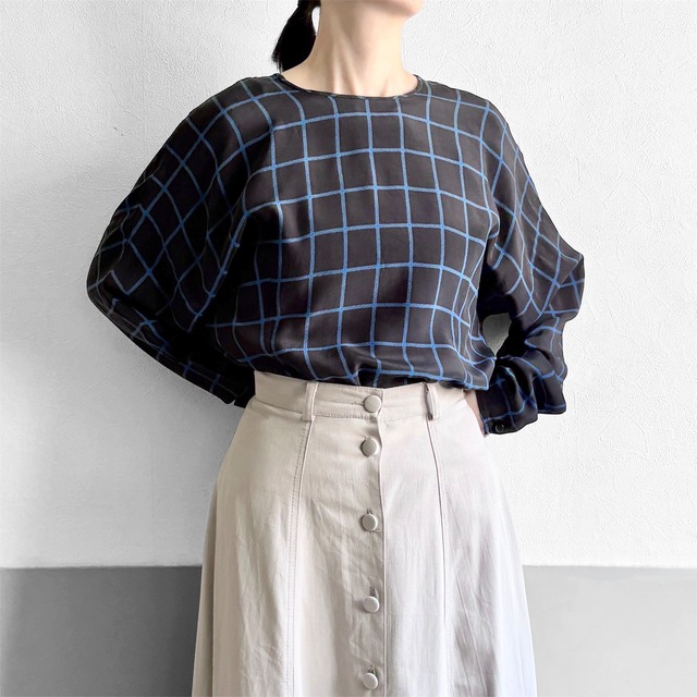 Black Silk Windowpane Round Neck Blouse