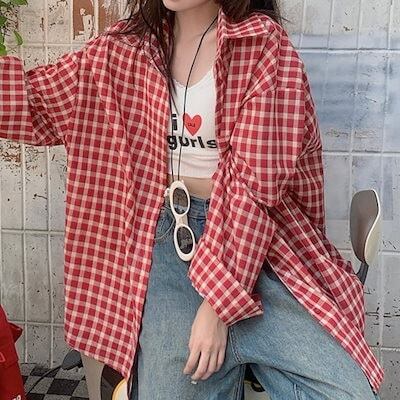 配色 チェック シャツ ルーズ 長袖 花柄 韓国 ワッペン hr9710 2024夏トップス シャツ 長袖 ボタン 襟 チェック柄 ゆったり 細