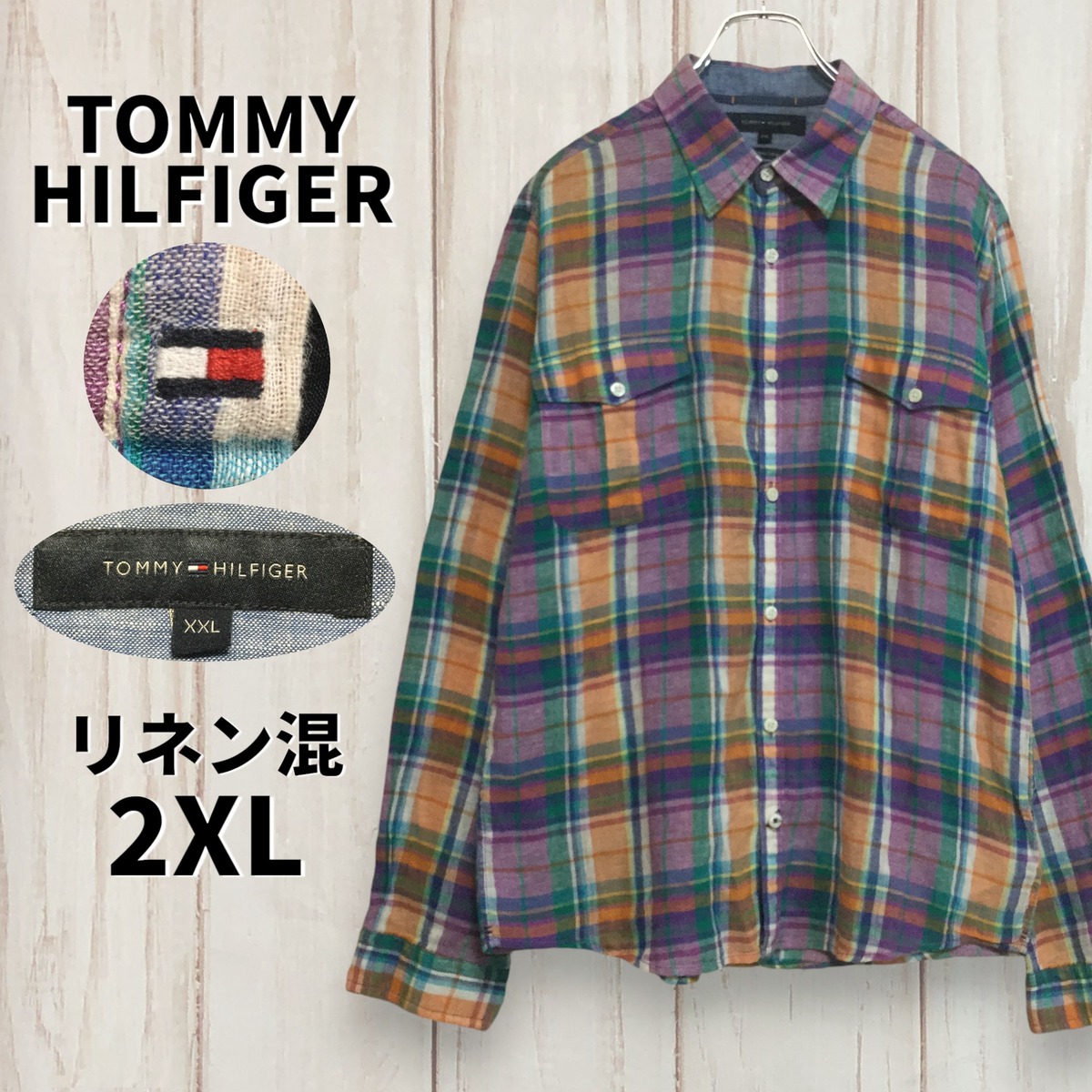 トミーヒルフィガー 長袖シャツ】 麻混 袖ロゴ ビッグサイズ 2XL TOMMY 