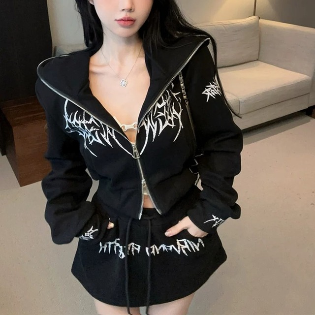 graphic print zip-up hoodie & mini skirt set up la3113
