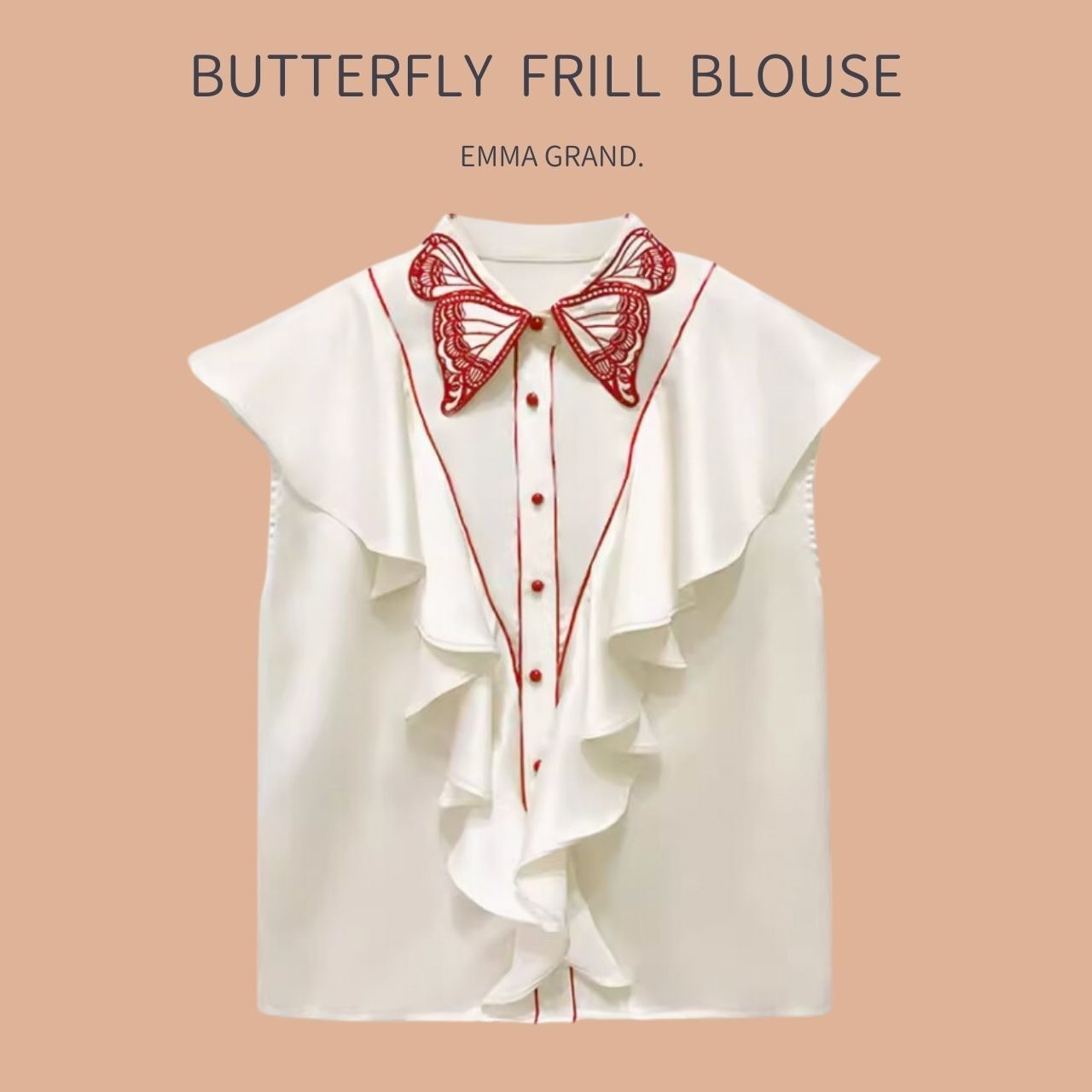 蝶々刺繍襟のフリルブラウス  E00424