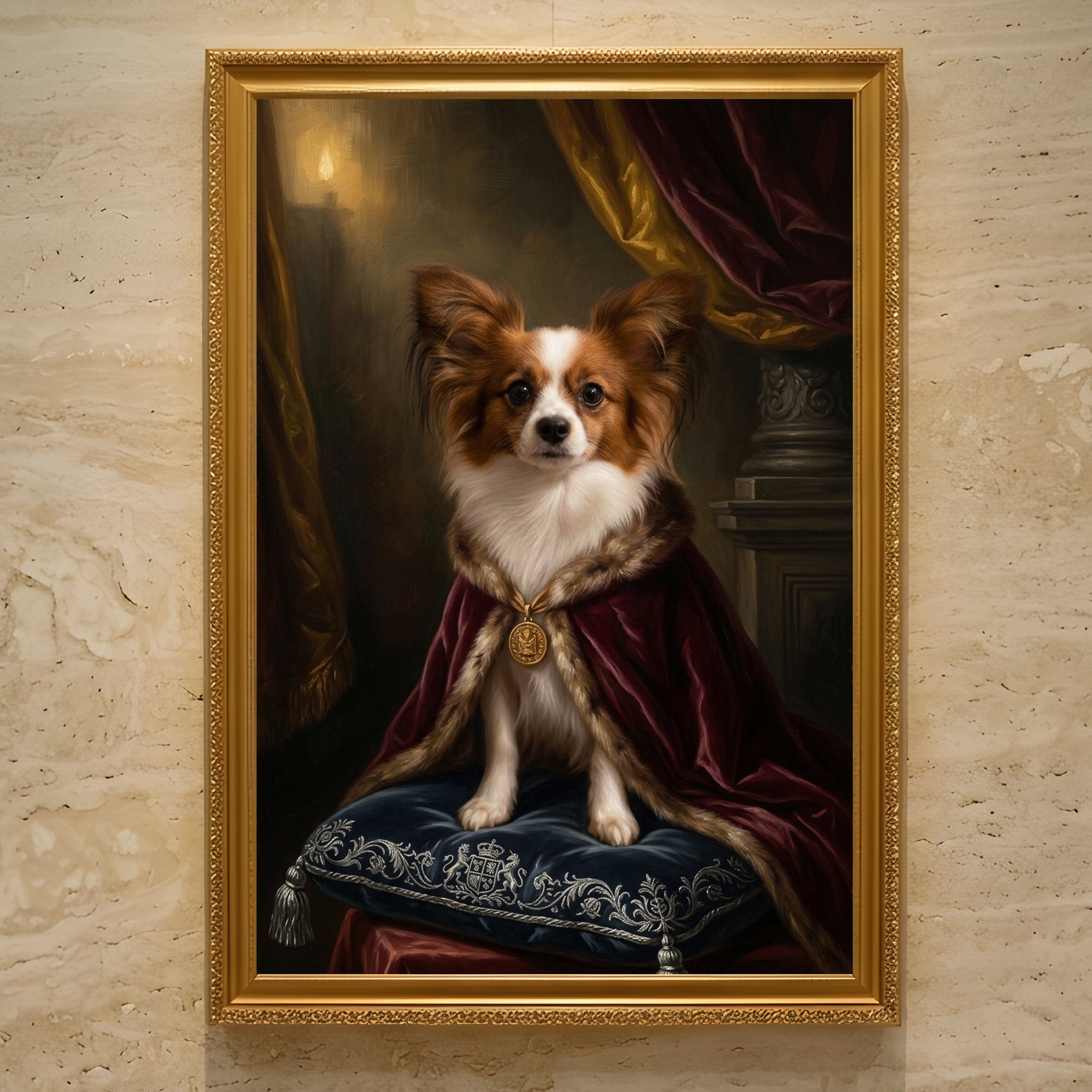 犬（パピヨン）のルネサンス風肖像画 油絵風アートA3額装インテリア