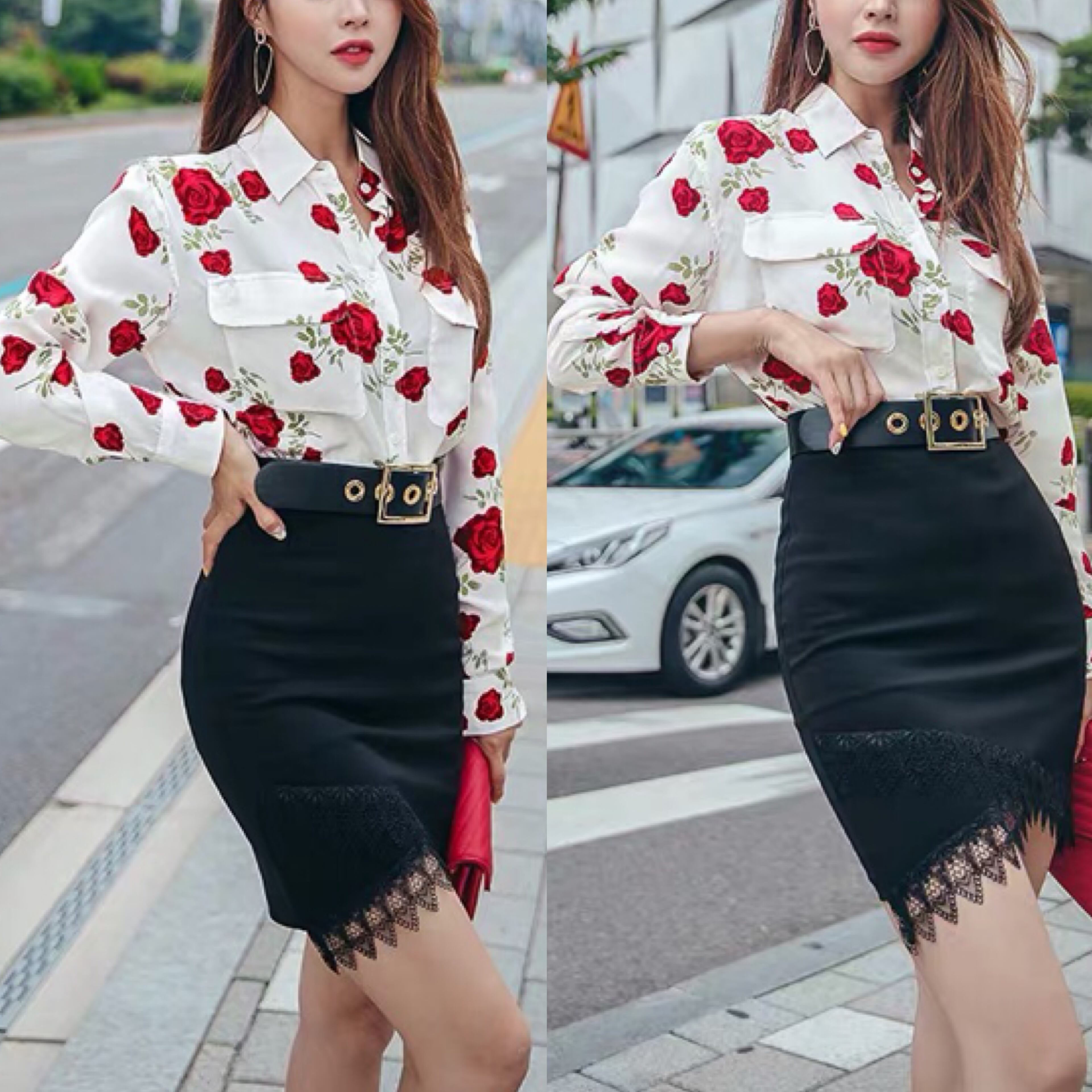 Rouje✨IENA✨花柄 フラワーブラウス 赤 38 M 花柄 ブラウス 赤 レッド