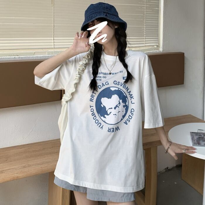 スタイルサマールーズTシャツ ロングラウンドネックカジュアル半袖スリーブ ショート ハーフスリーブ 夏物 Oネック ケッペル85714506009
