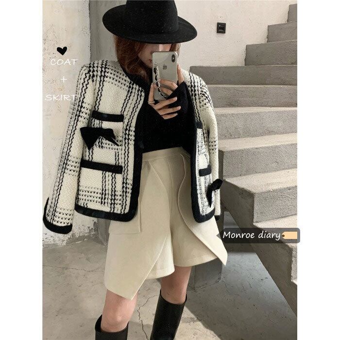 スタンダード格子柄ジャケット オータムウィンターショートトップス レトロ 秋物 冬物 モンロー44552465503