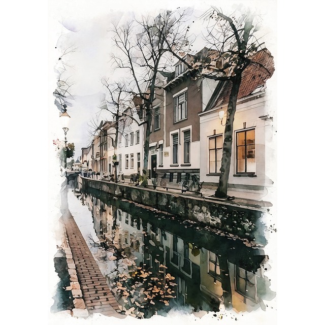 絵画 オランダ 風景画(街並み)  ユトレヒトの運河沿いの街並み インテリアアート額付き 水彩画・油絵調 WAT0445