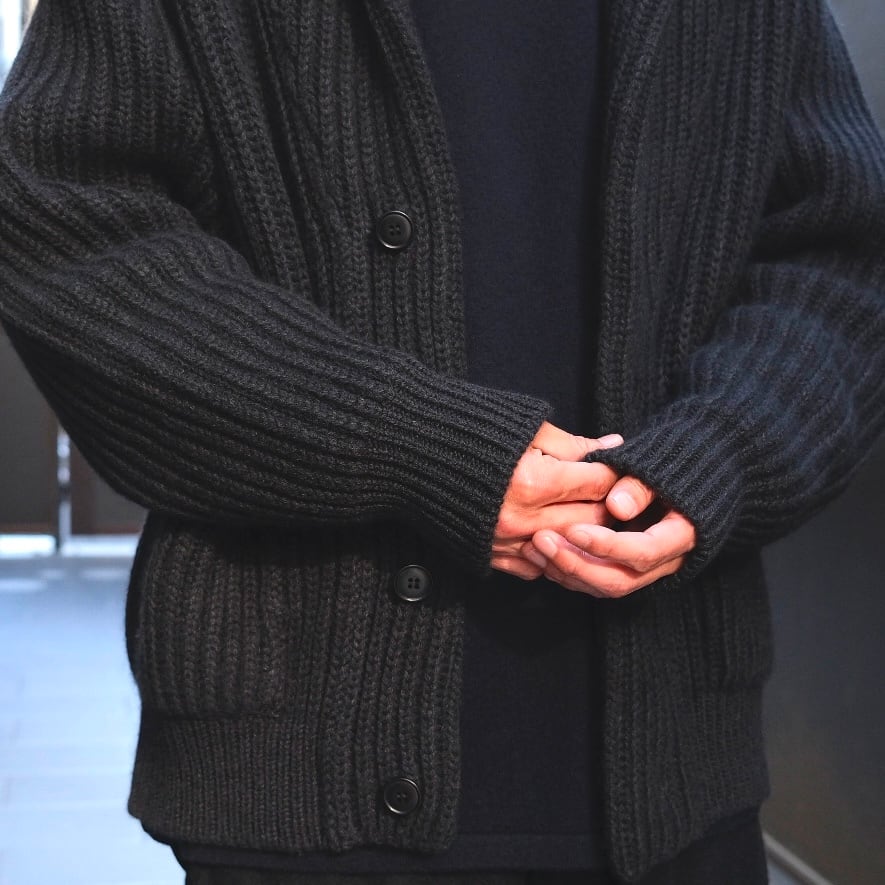 COMOLI(コモリ) / カシミア和紙シャールカラーニットジャケット-BLACK