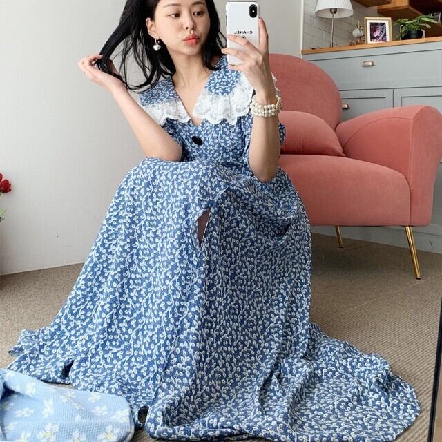 ワンピース ロング丈 花柄 レース スリット レトロ ガーリー フェミニン きれいめ カジュアル 大人可愛い 韓国ファッション Luluca 韓国トレンドファッションluluca ルルカ