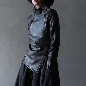 【【UNISEX】 Stand Collar Zipper Leather Pullover / スタンドカラー ジッパー レザー プルオーバー