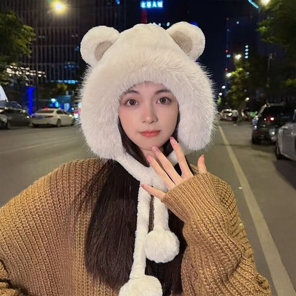 くま耳 ファー ハット レディース 韓国 帽子 防寒 保温 おしゃれ 大人 かわいい 暖かい 柔らかい 小顔 ふわふわ ポンポン付き 大人可愛い 大人女子
