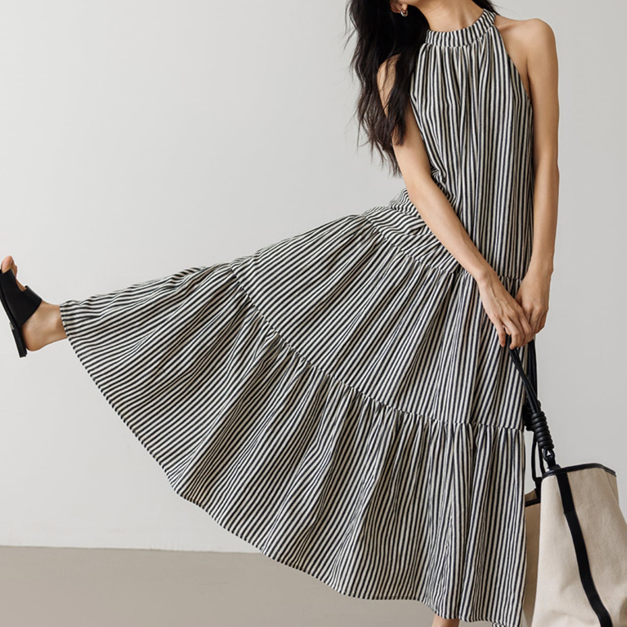 Halter design striped sleeveless dress S983