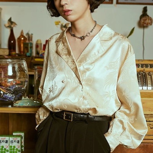 チャイナ風シャツ レディース 柄シャツ 長袖 Vネックシャツ 龍紋 ゴールド 春
