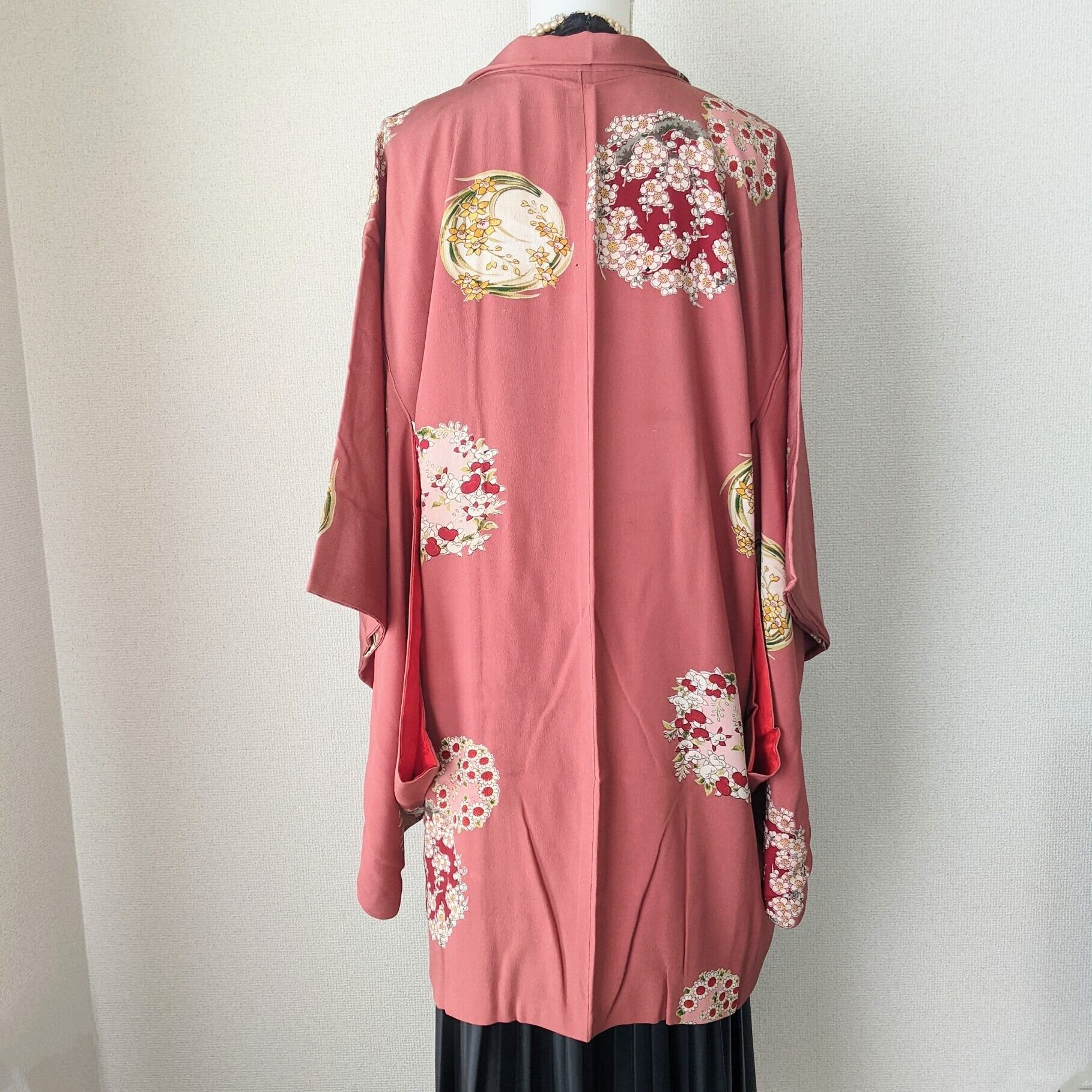 Vintage】HAORI 長羽織 羽織 正絹 縮緬 くすみピンク色 花丸文様 