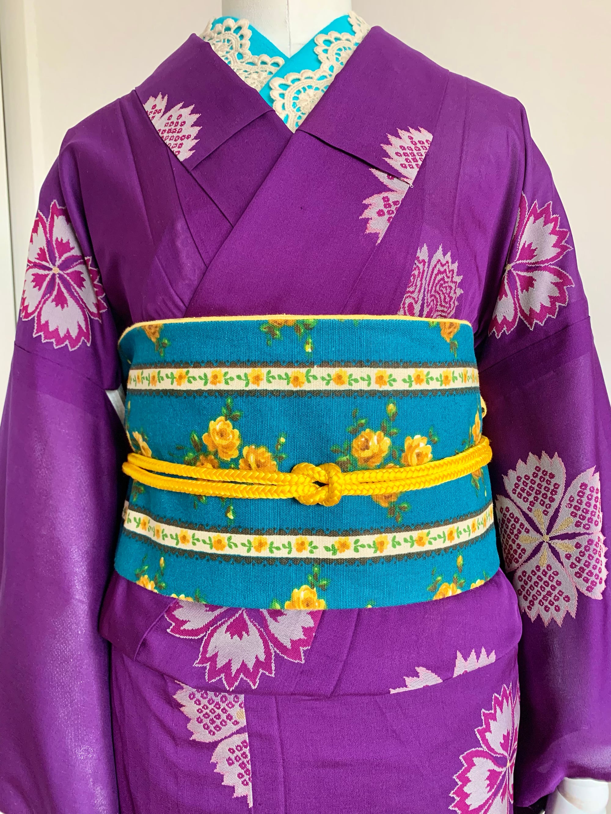 半幅帯 “アンティークフラワー” ターコイズブルー | あとりえ黒猫