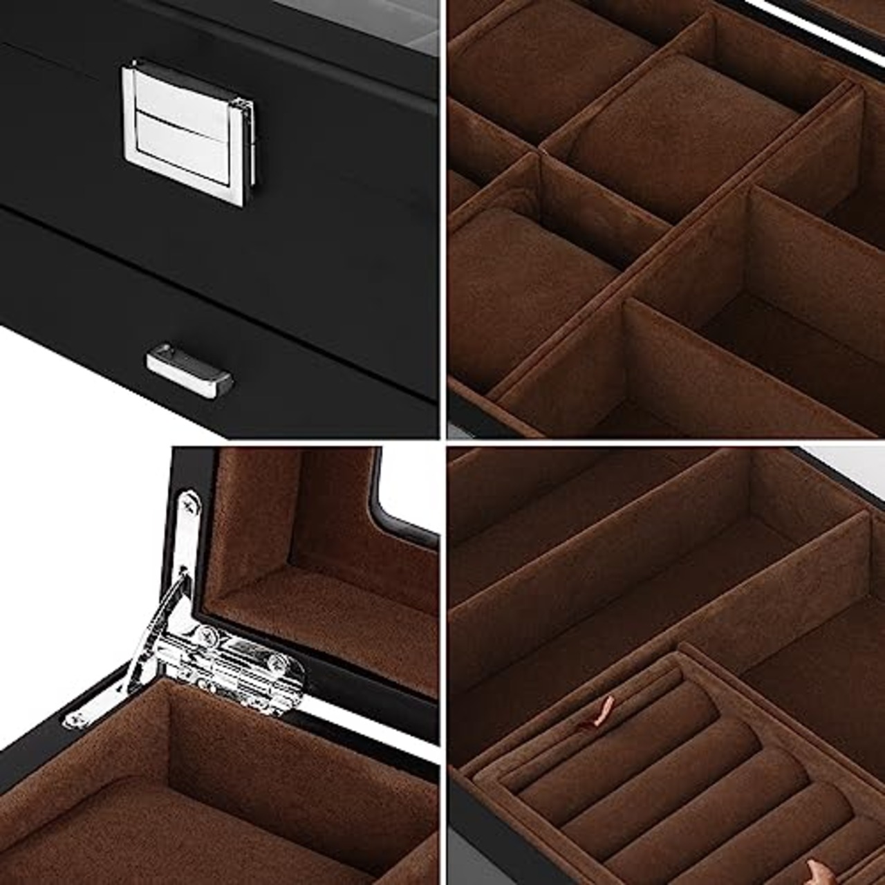 Baskiss 高級2層木製時計ケース 腕時計・眼鏡・ジュエリー収納ボックス 腕時計6本 サングラス7本 アクセサリー・指輪・ブレスレット収納可能 コレクションケース (腕時計6本・メガネ7本)