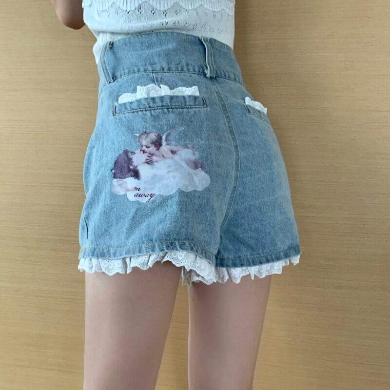 ライトブルーハイウエストジーンズレディース夏薄手ワイドレッグルーズショートパンツ2020新作Aラインスリムパンツ ブラックストロベリース59071119792