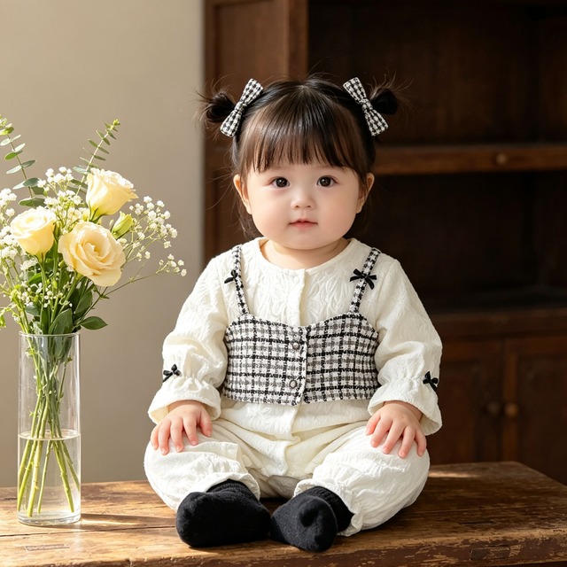 【BABY】可愛いブラックチェックロンパース