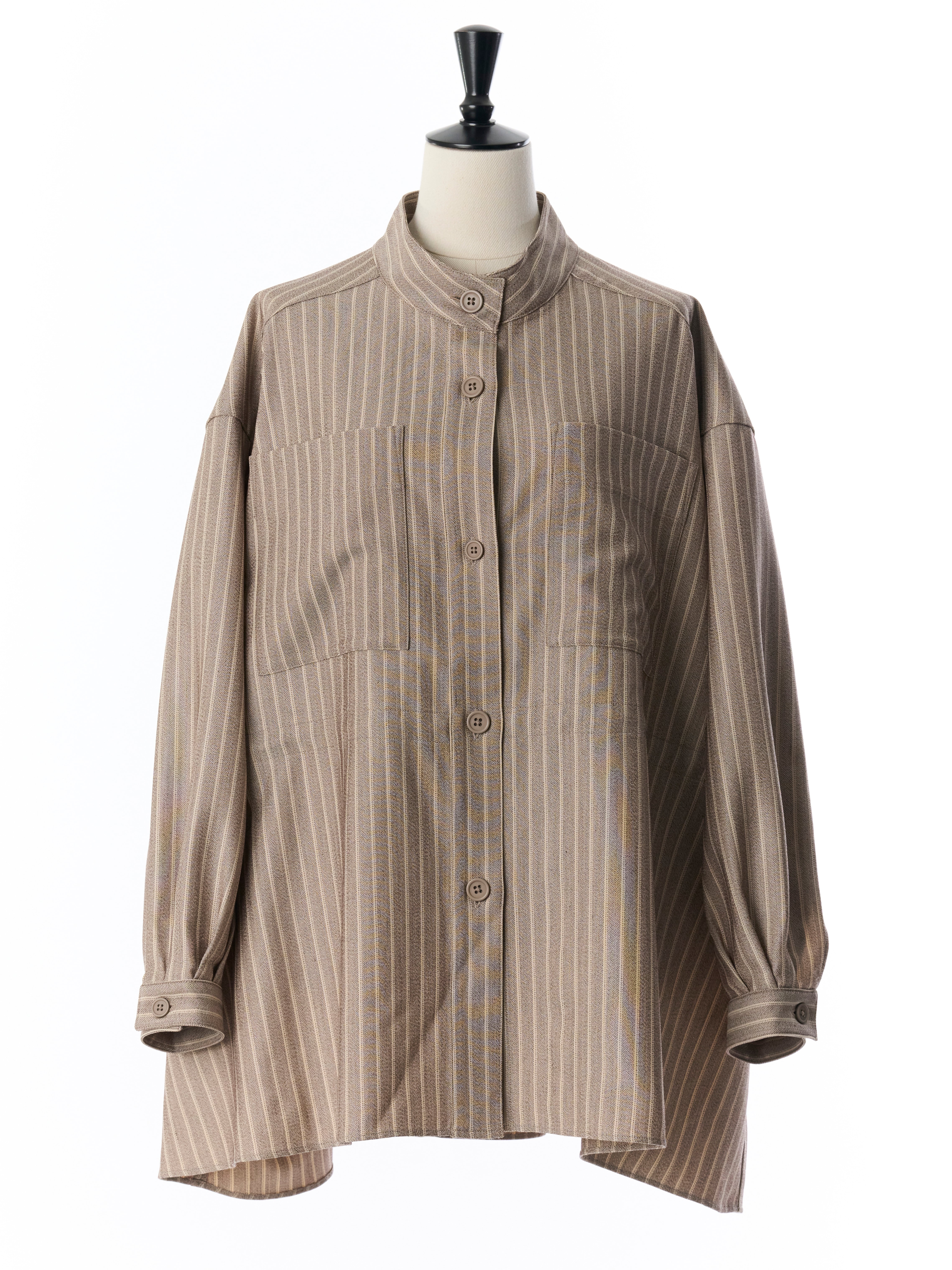 【8月21日発売開始】ウール調ストライプギャザーシャツ(BEIGE)