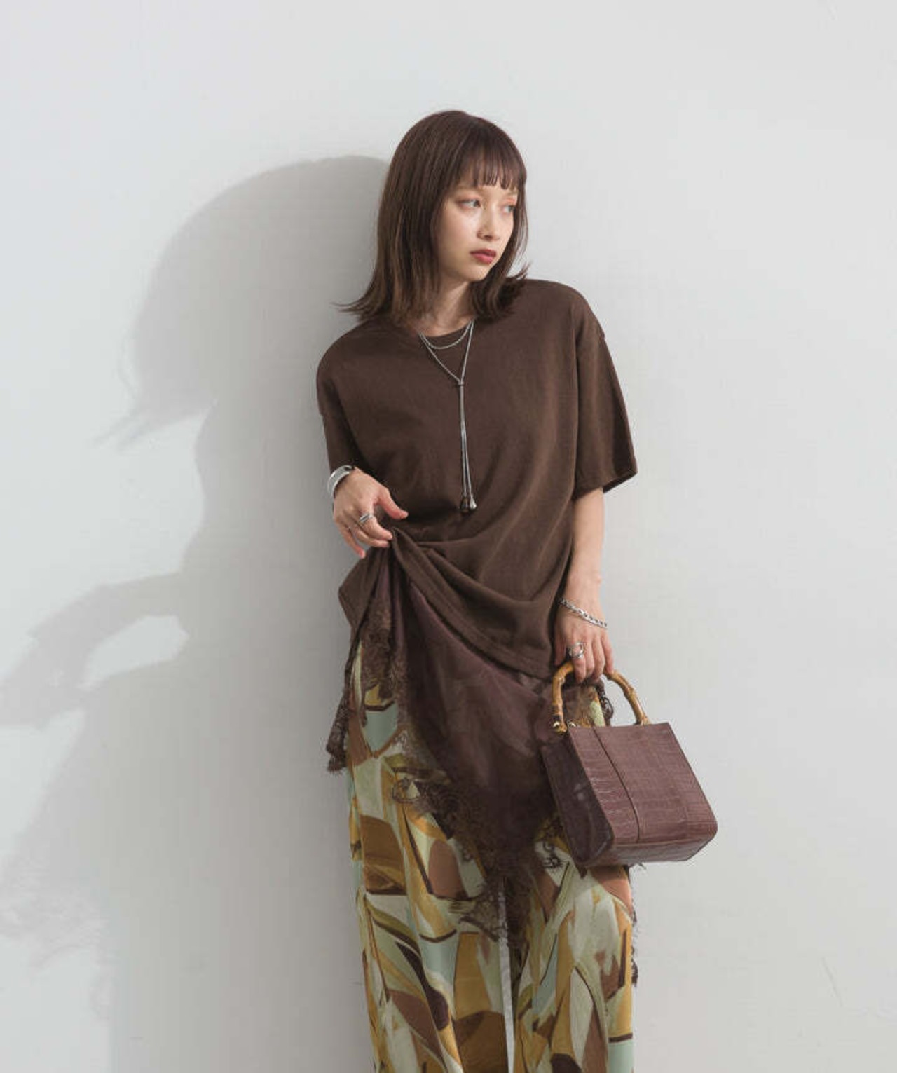 2605142 レースヘムレイヤードカットソー brown