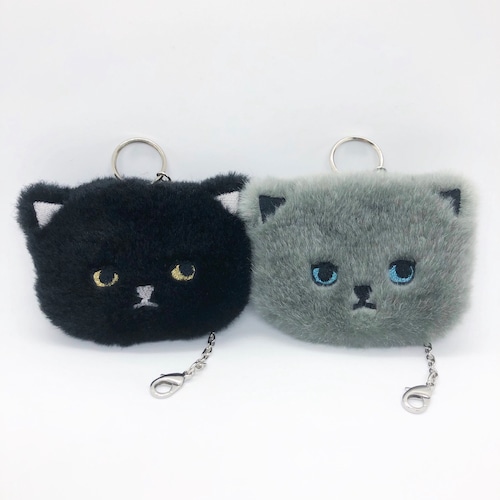 【価格改定】もこもこバッグチャームポーチ（定期入れ）　黒猫　/　グレーブルーアイ