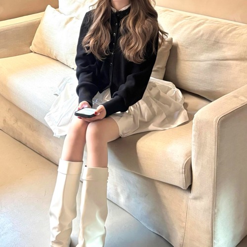 【2点セット】スタンドカラーショートカーディガン＋ボリュームギャザーミニスカ ・73875