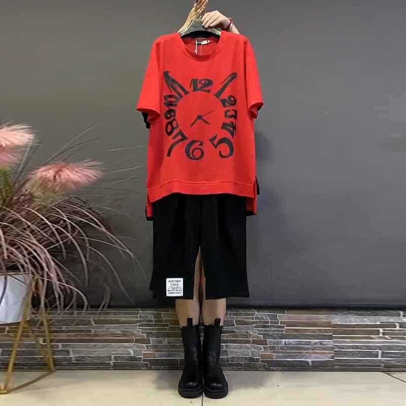 カジュアルラウンドネックプリントTシャツ ルーズパンツ ストリート 大きめサイズ Oネック ミックスインファッション45843997353