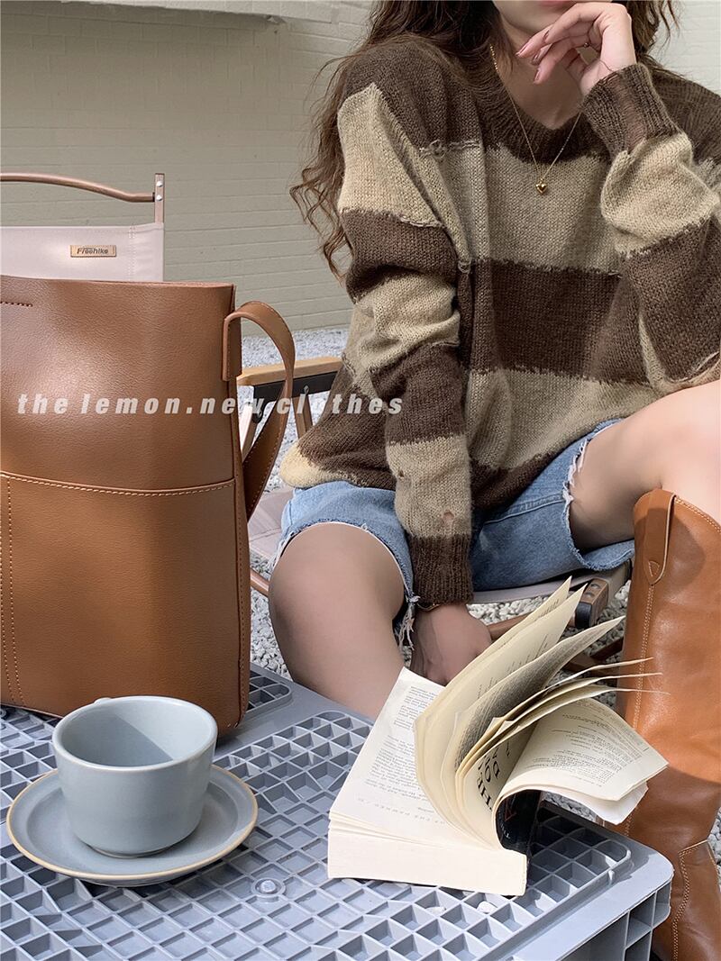 スタンダードカラーストライプラウンドネックセーター ルーズプルオーバー 長袖スリーブニットトップス レディース ロング レトロ Oネック ビッグFスモールZ韓国15371988558