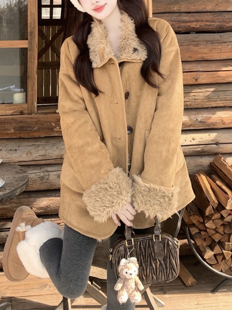 寒い季節を一番かわいくする ふわもこボア×スエード調リバーシブルショートコート お洒落 大人可愛い キュート 淡色 もこもこ ミドル丈 体型カバー 大きいサイズ 韓国 CH11277