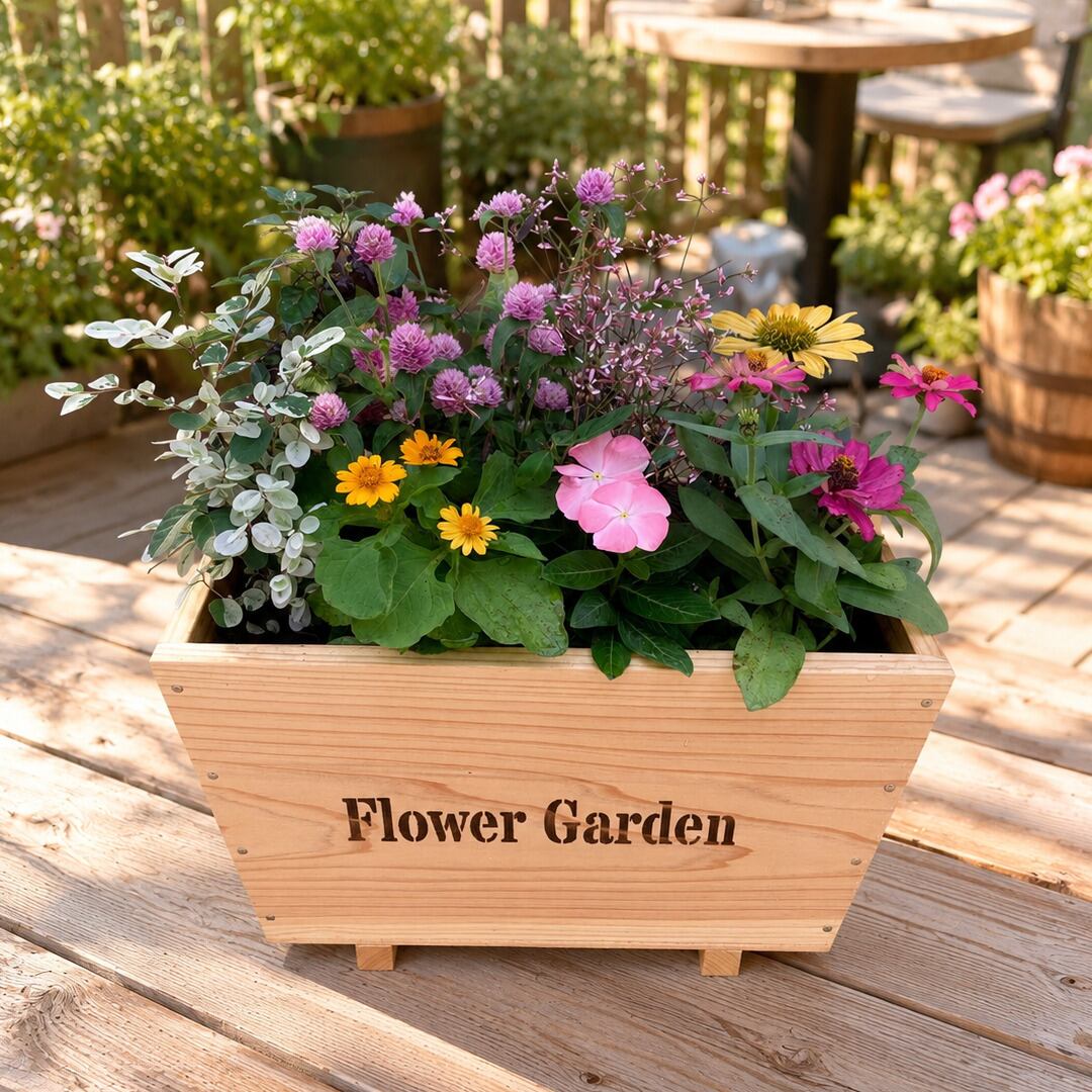 季節の寄せ植え ハンドメイドウッドポット（長方形） 国産杉使用6〜7